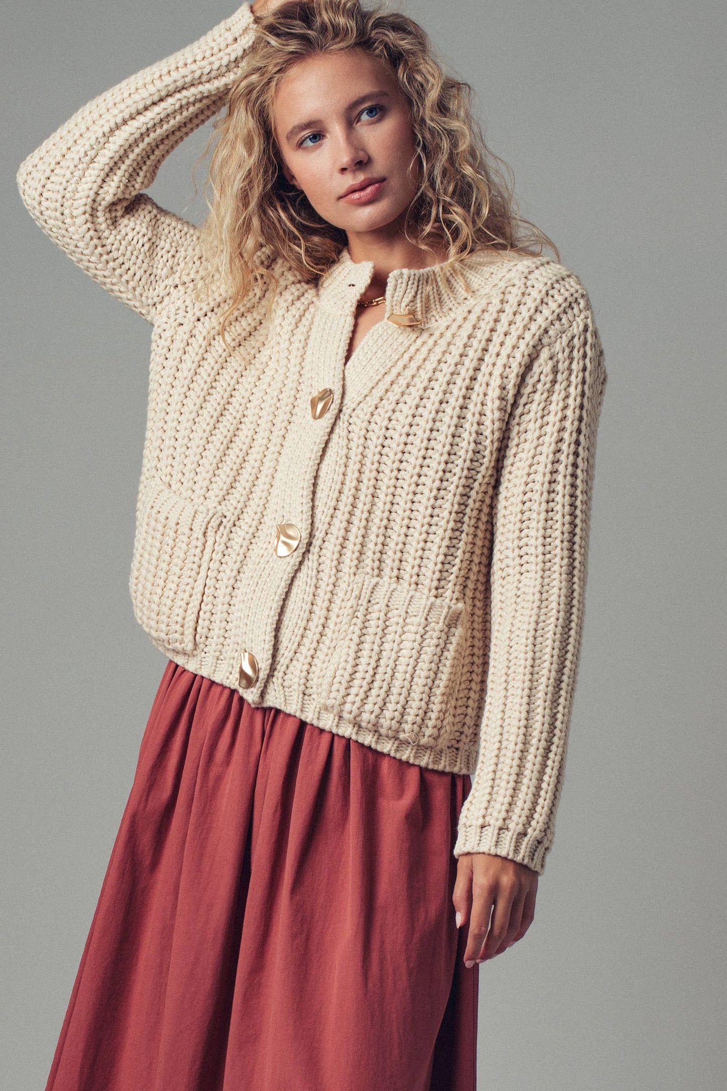Chunky Gold Button Ribbed Knit Cardigan Urban Daizy