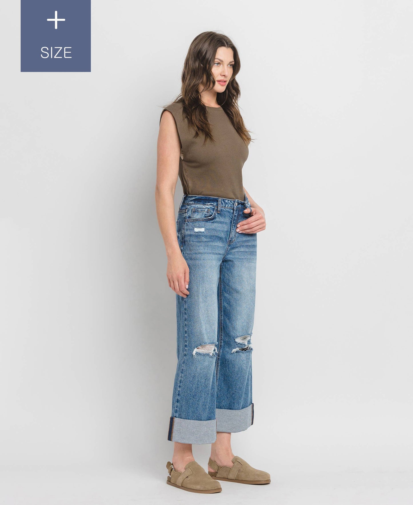 PLUS SIZE SUPER HIGH RISE CUFFED BAGGY WIDE JEANS LV1459-P Lovervet by VERVET