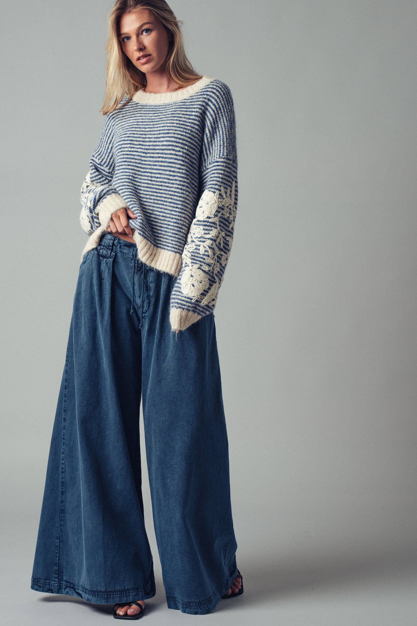 Floral Embroidered Striped Knit Sweater Urban Daizy