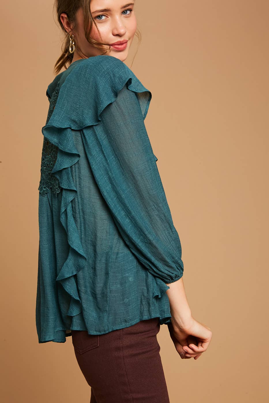 Emerald Green Floral Lace Ruffle Peasant Blouse