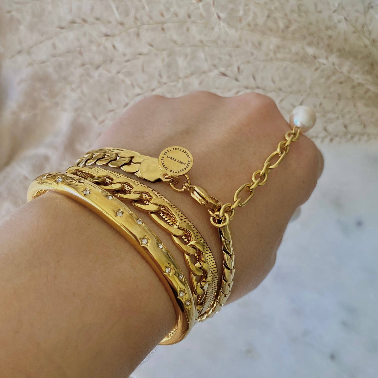 Gold plated Figaro chain bracelet pearl 18k stainless steel