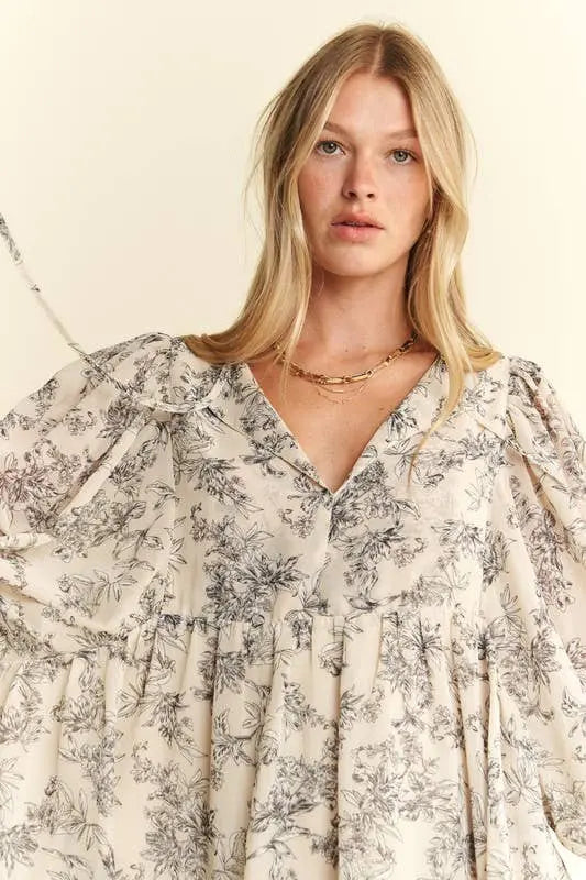 LINED 3/4 SLEEVE FLORAL CHIFFON BABYDOLL SHORT DRESS 926 West