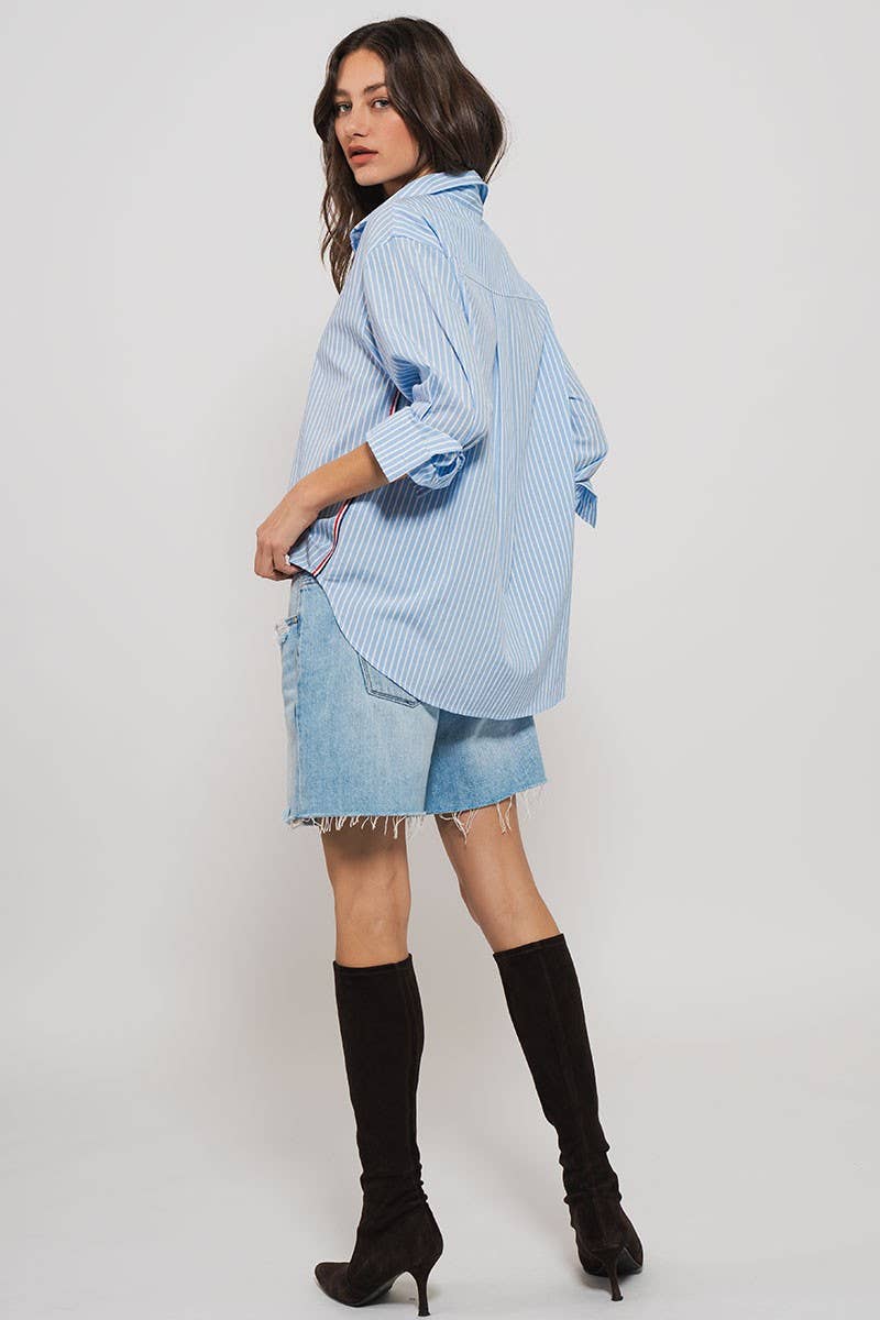 Striped Twill Tape Detail Statement Button Shirt Urban Daizy