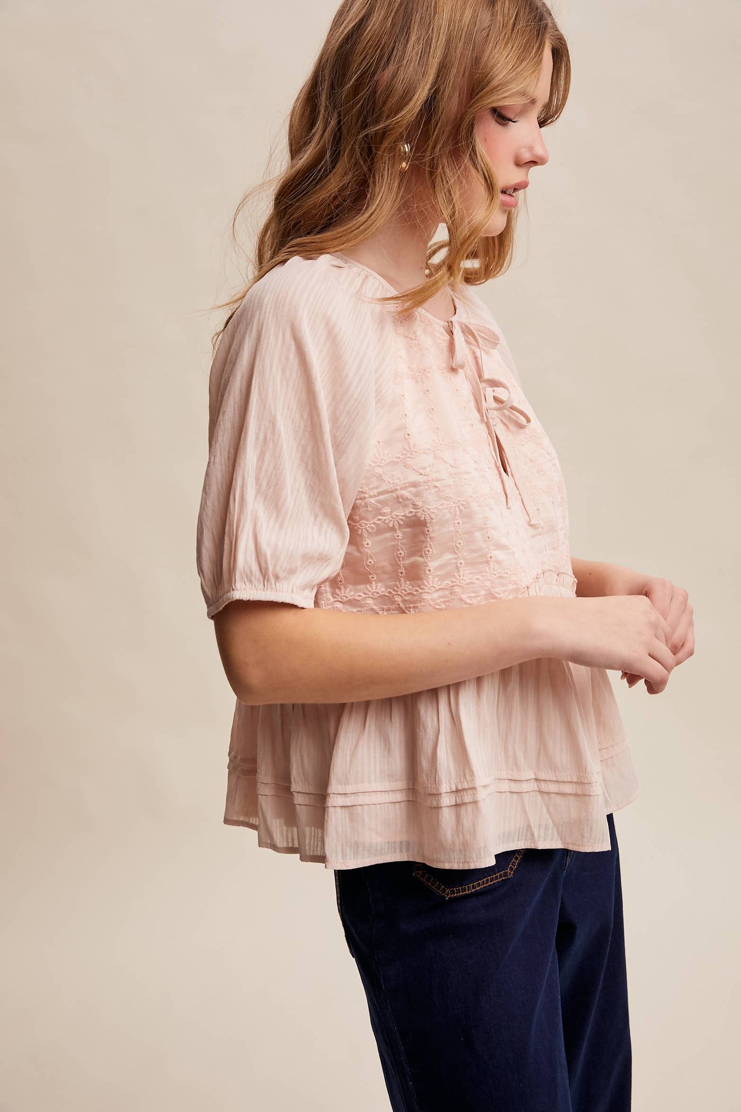 Embroidered Peplum Tie-Front Top – Petal