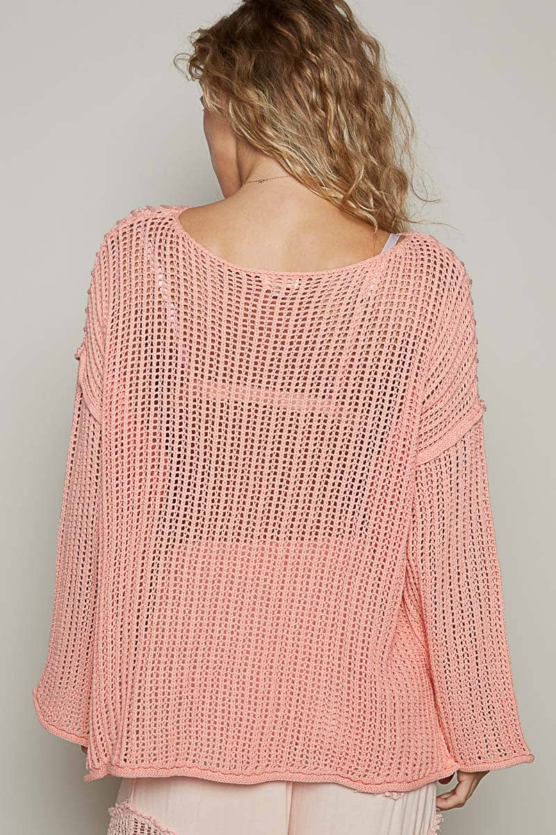 FINAL SALE- Round neck long sleeve star weave solid lightweight sweater Pol Clothing