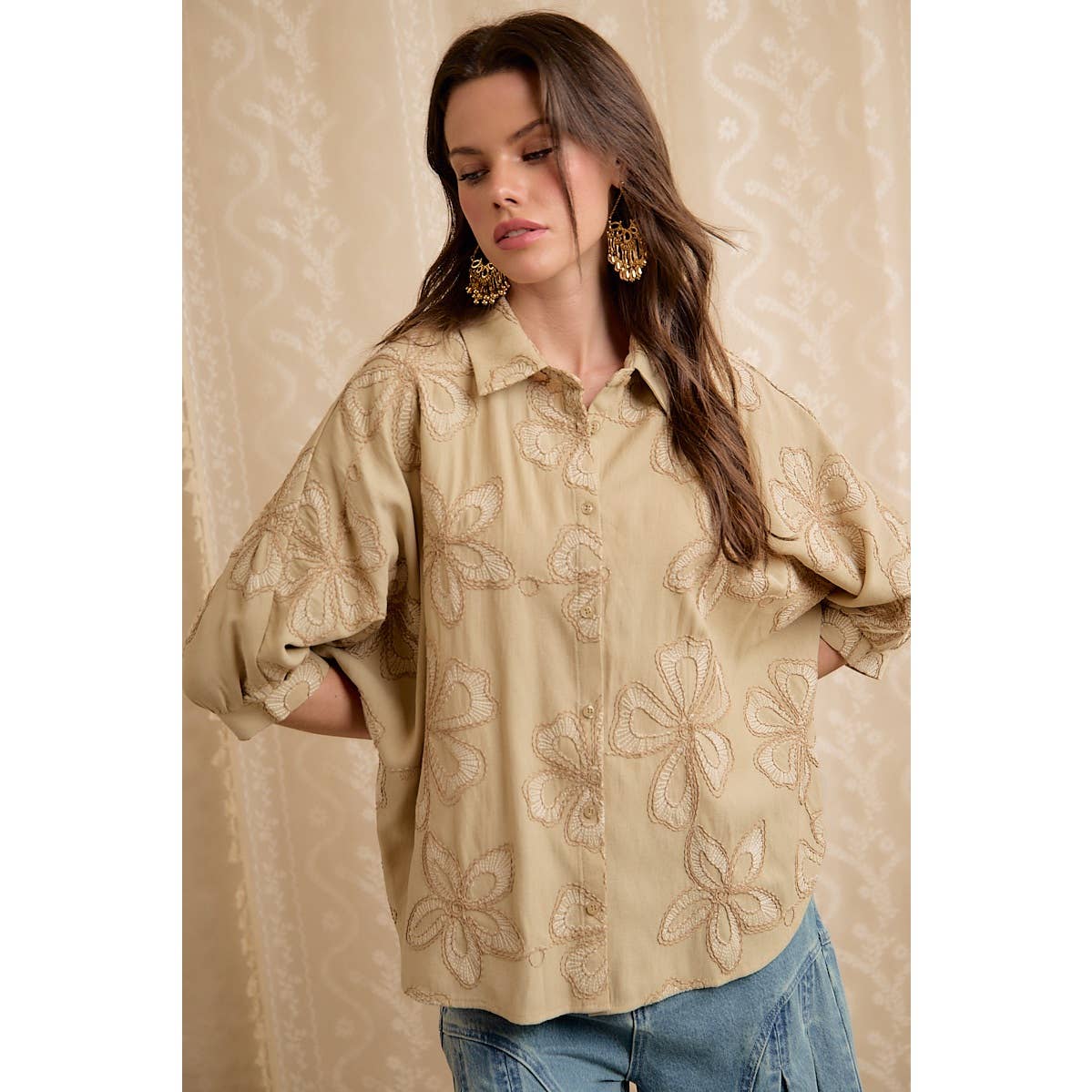 TAUPE FLORAL EMBROIDERED BUTTON DOWN BLOUSE