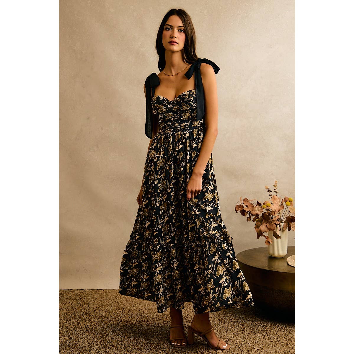So Me Floral Print Ribbon Strap Maxi Dress