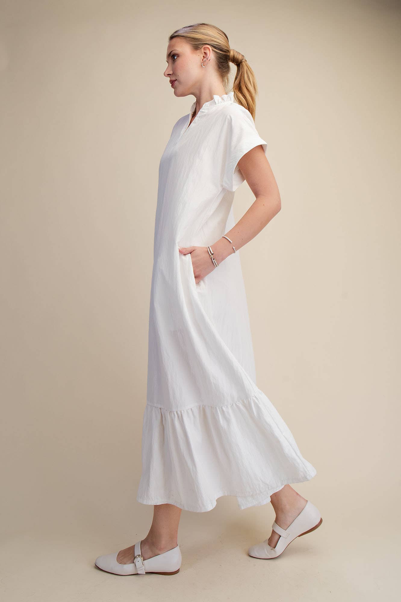 GLAM - Ruffle Neck Cuffs Sleeve Relaxed Midi Dress