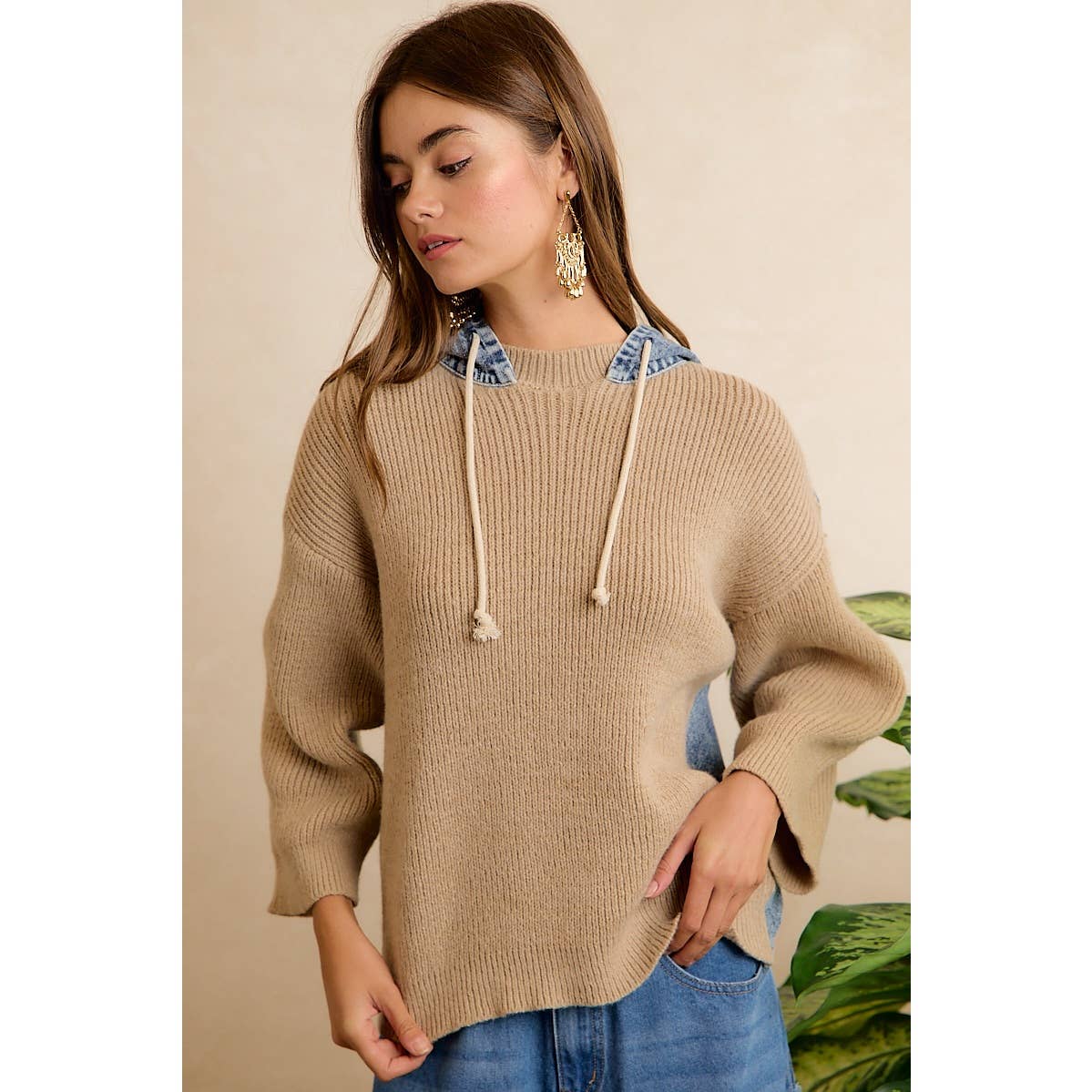 Denim Contrast Hooded Knit Pullover Top