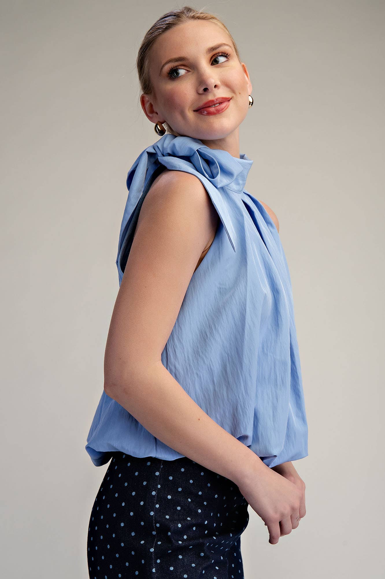 GLAM - High Neck Tie Wrap Balloon Sleeveless Top