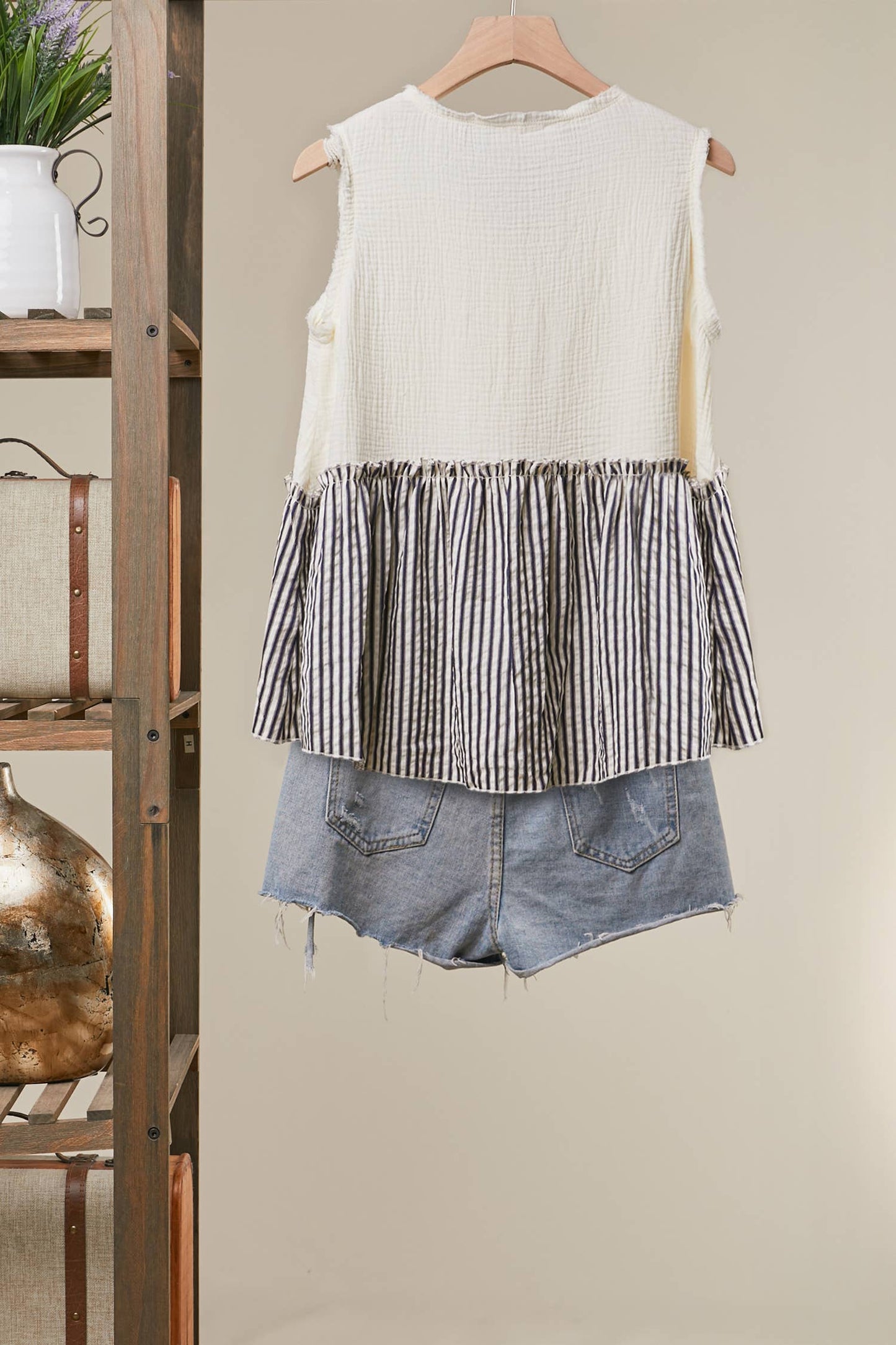 MELLO. - Striped Tiered Button Sleeveless Top