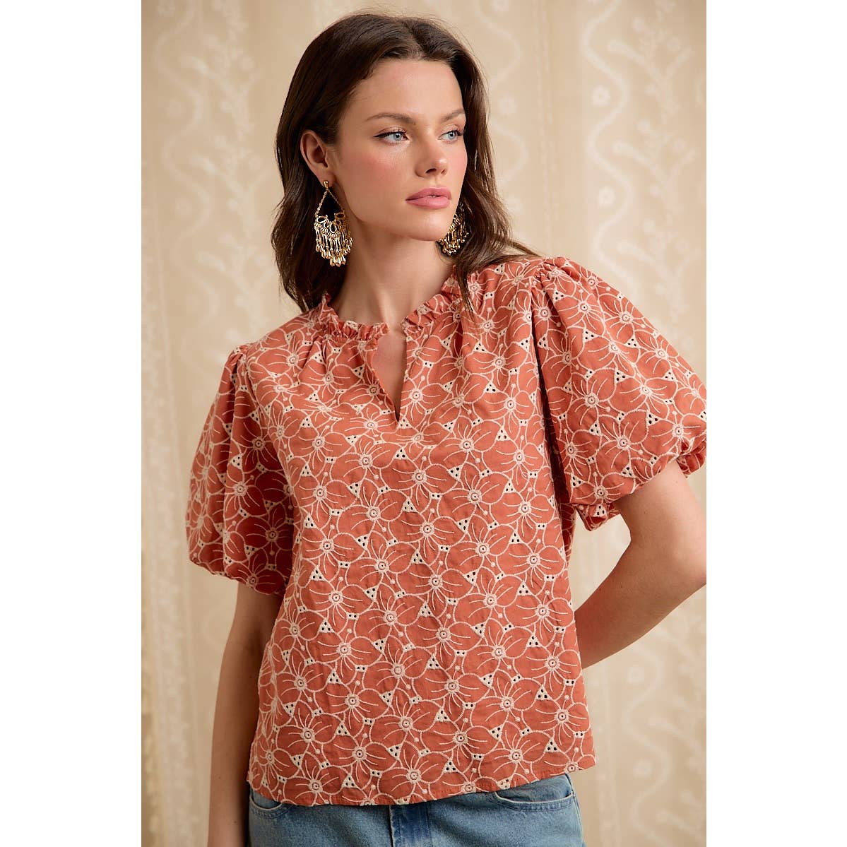Rust Cotton Eyelet Puff Sleeve Blouse