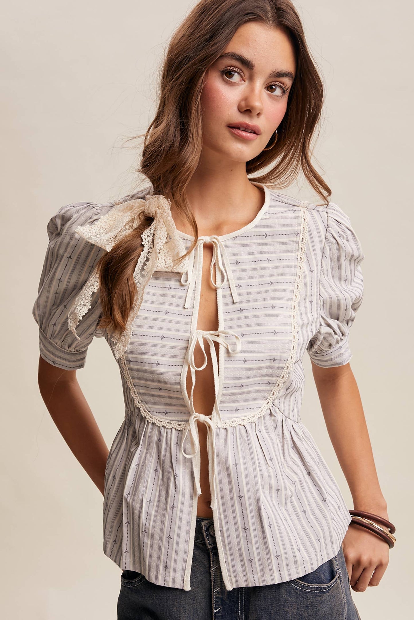 Jacquard Tie-Front Peplum Blouse – Slate Blue
