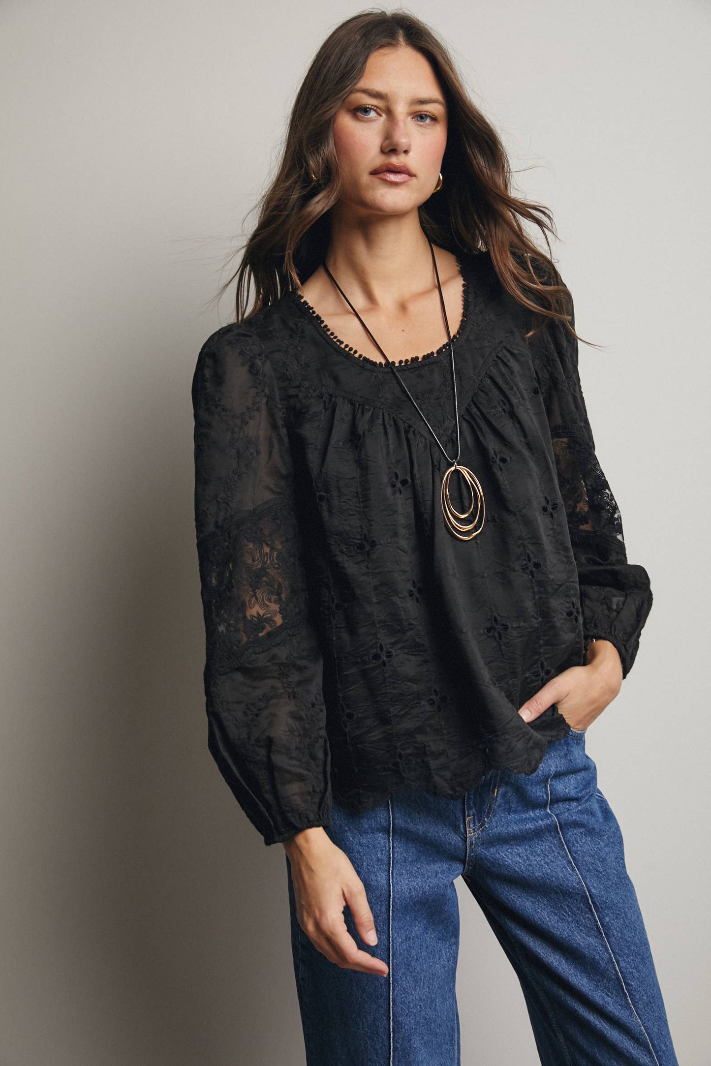 Forte - Embroidered Lace Puff Sleeve Blouse