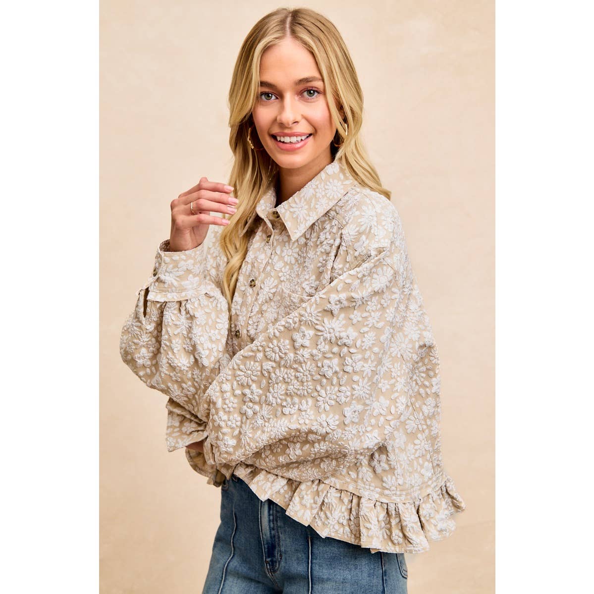 Textured Floral Ruffled Hem Button-Up Top