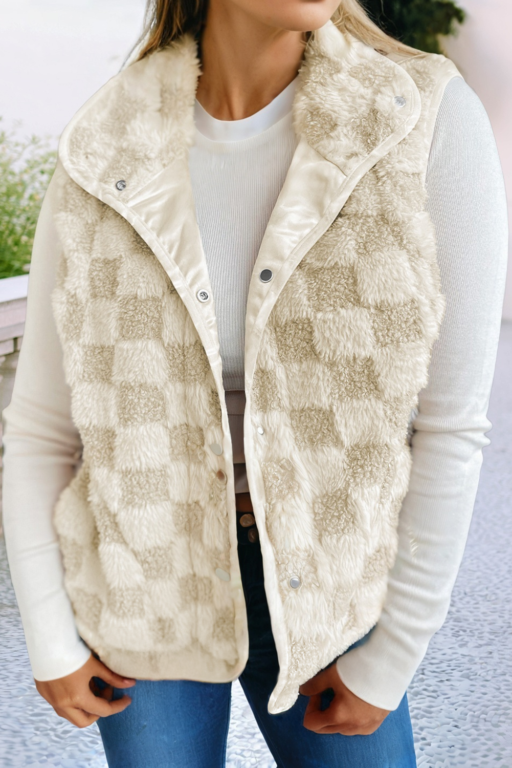 LDC Sherpa Checkerboard Snap Button Vest Jacket Little Daisy Closet