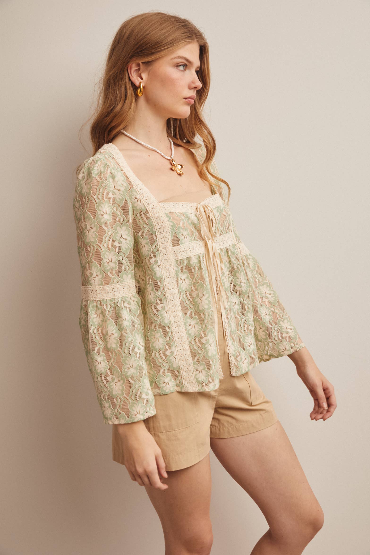 Forte - Sheer Lace Tie-Front Bell Sleeve Blouse - 926 West