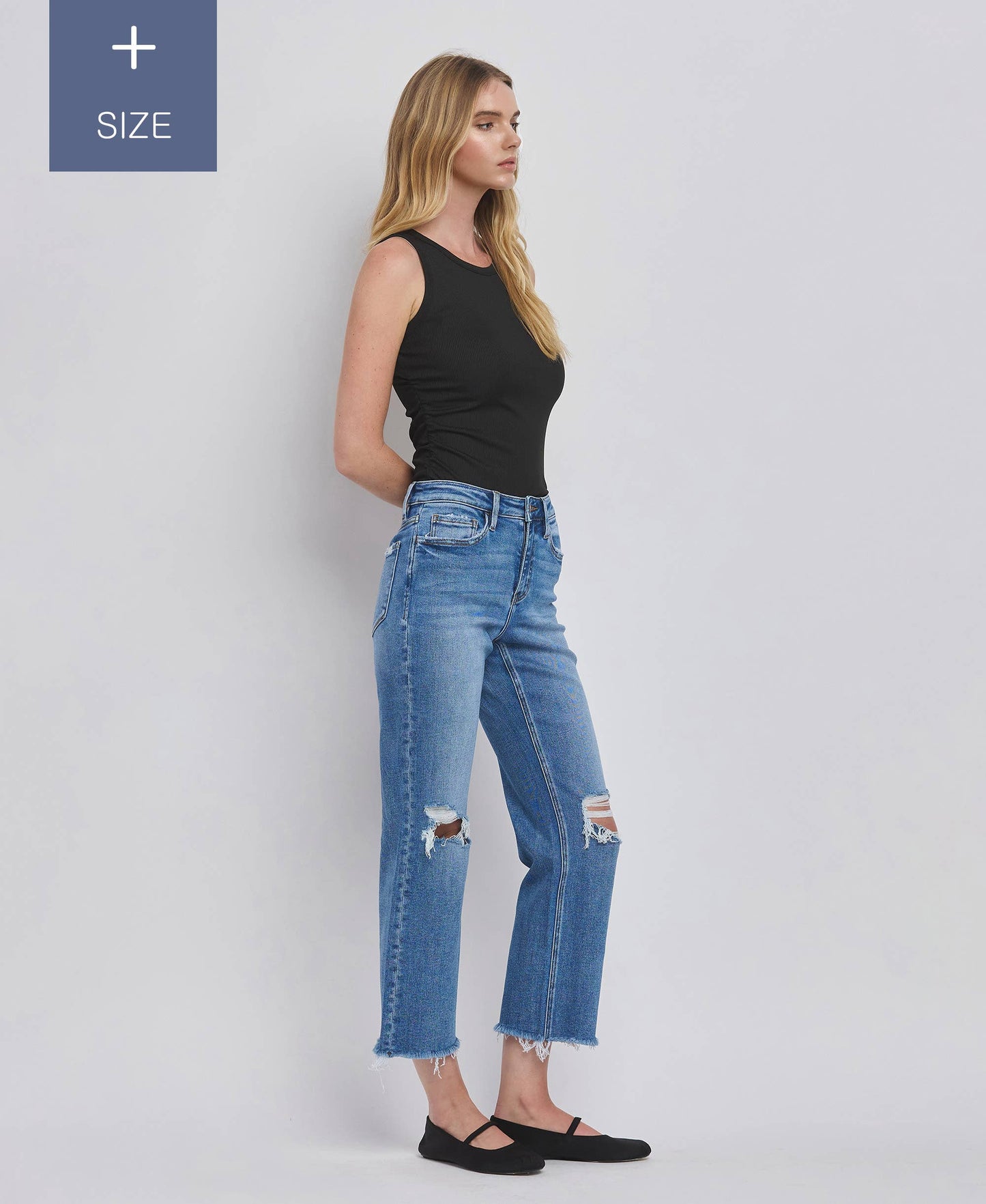 PLUS SIZE HIGH RISE DISTRESSED CROP STRAIGHT JEANS LV1385-P Lovervet by VERVET