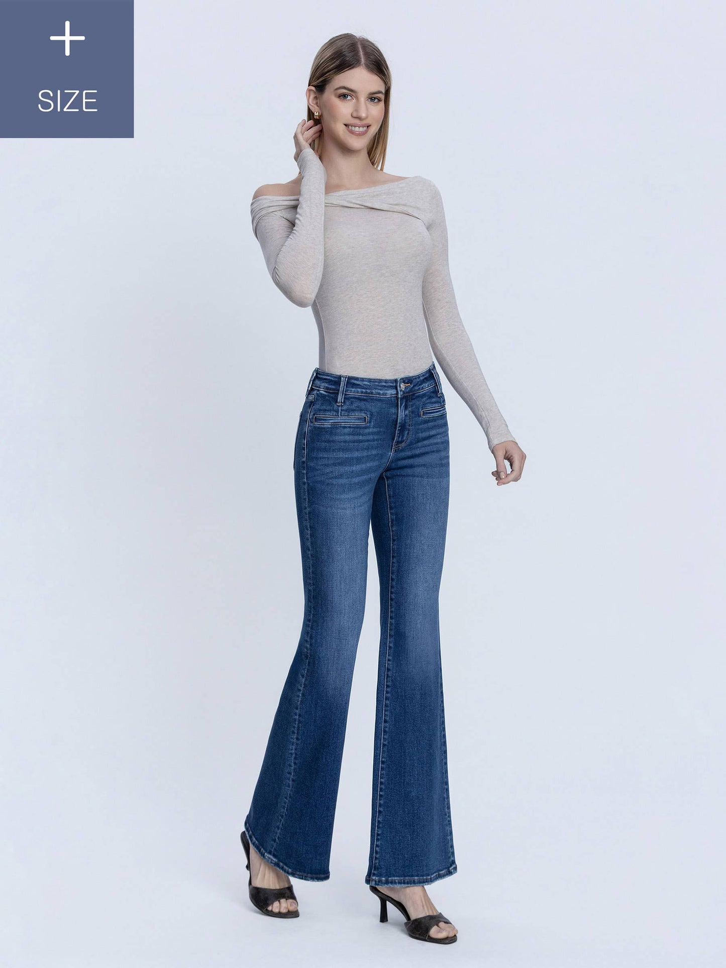 Lovervet by VERVET- PLUS SIZE MID RISE WELT POCKET EASY FLARE JEANS