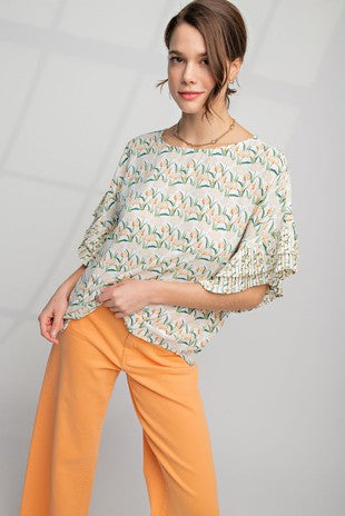 EASEL Pleated Sleeve Floral Printed Woven Boxy Top EASEL