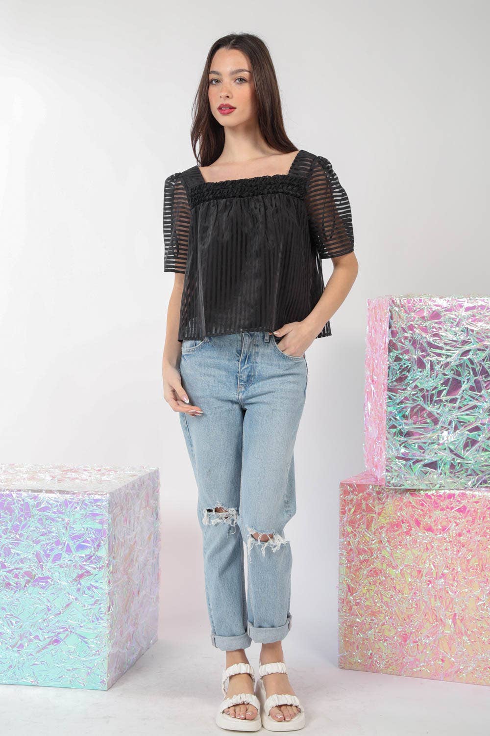 VERY J - Puff Sleeve Organza Stripe Sheer Blouse Top - 926 West