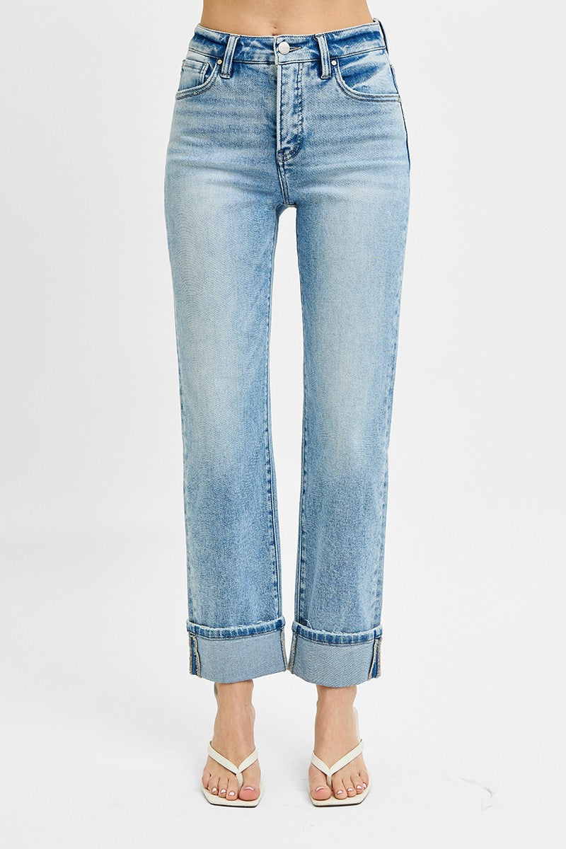 RISEN Tummy Control High Rise Crop Straight Roll Up Jeans