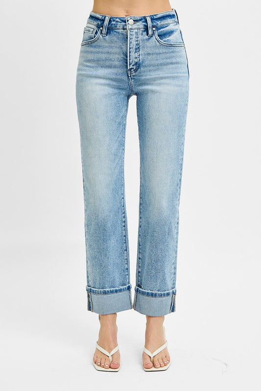 RISEN - Tummy Control High Rise Crop Straight Roll Up Jeans