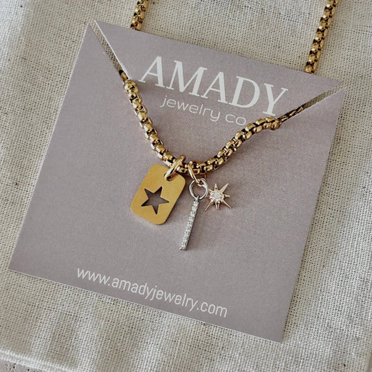 Star Tag & Crystal Bar Layering Necklace | 18K Gold Plated