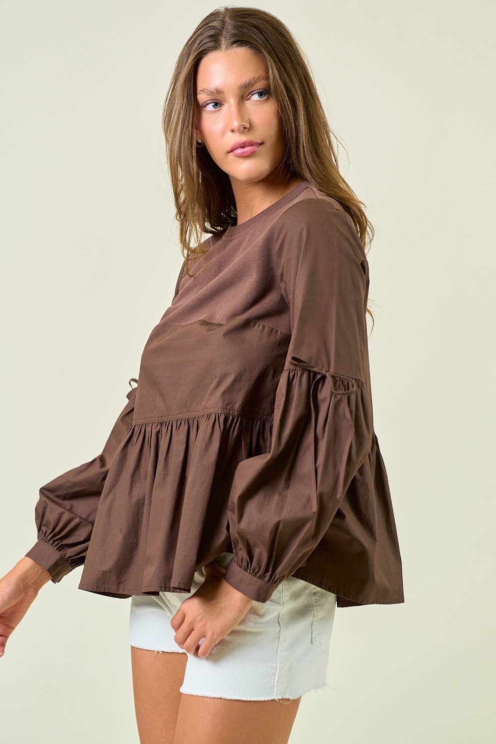 Round Neck Puff Long Sleeve Peplum Blouse