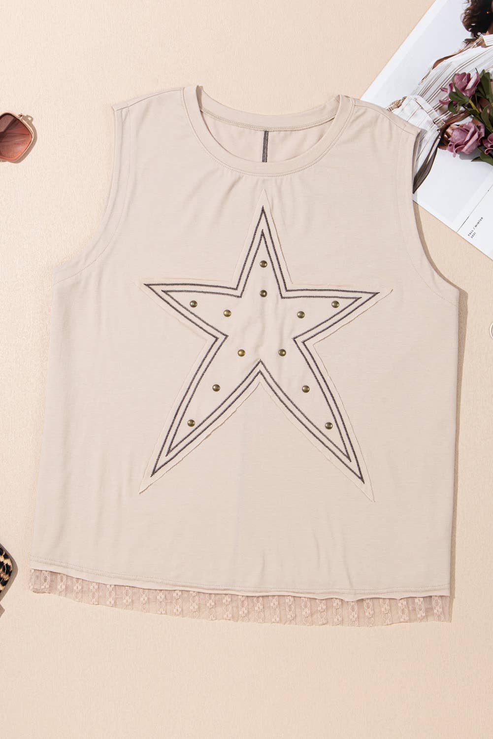 Studded Star Lace Patchwork Hem Plus Size Tank Top 926 WEST