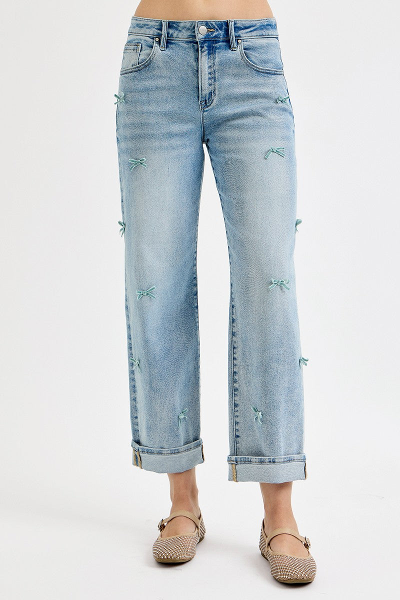 Risen  High Rise Crop Barrel Ribbon Detail Jeans