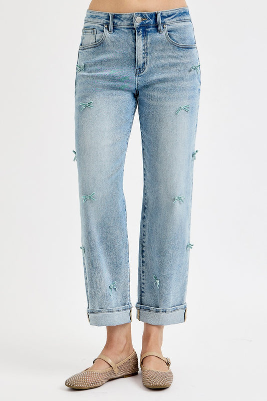 Risen - High Rise Crop Barrel Ribbon Detail Jeans