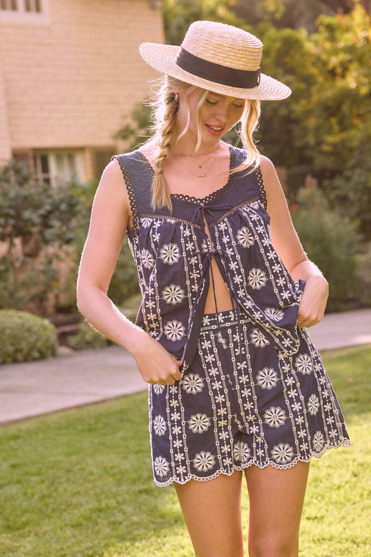 SKIES ARE BLUE - All-Over Embroidered Easy Shorts - 926 West