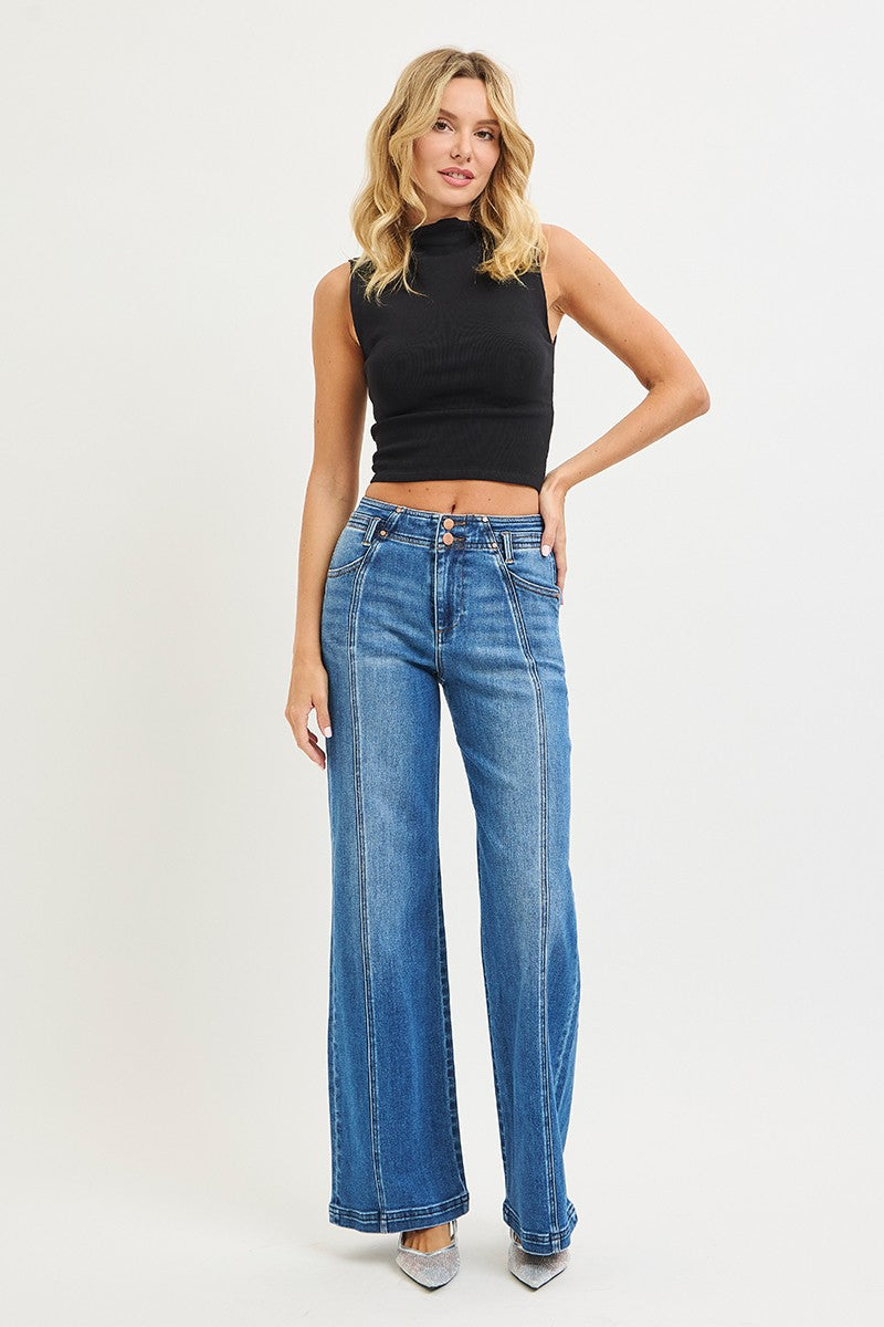 Risen High Rise Wide-Leg Jeans with Curved Seam Detail