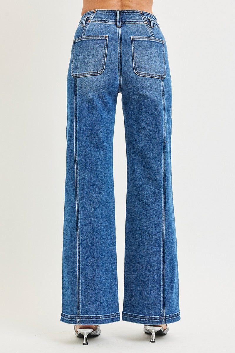 Risen High Rise Wide-Leg Jeans with Curved Seam Detail