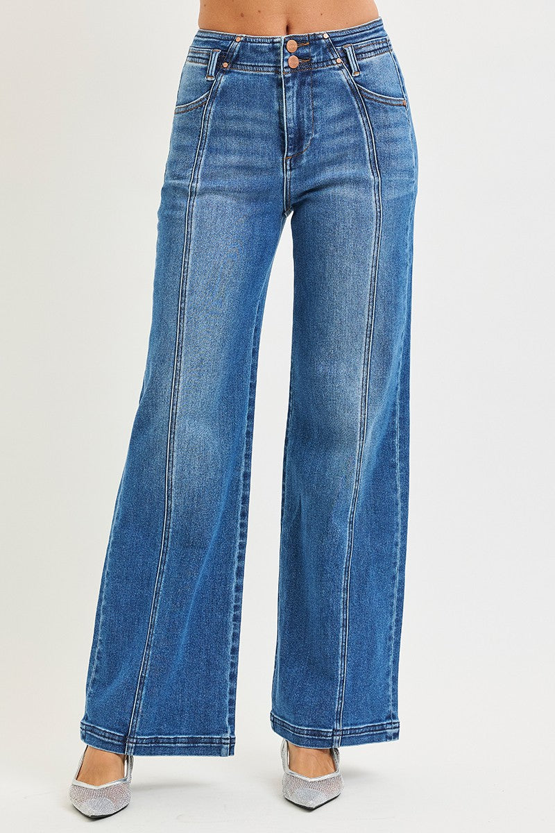 Risen High Rise Wide-Leg Jeans with Curved Seam Detail