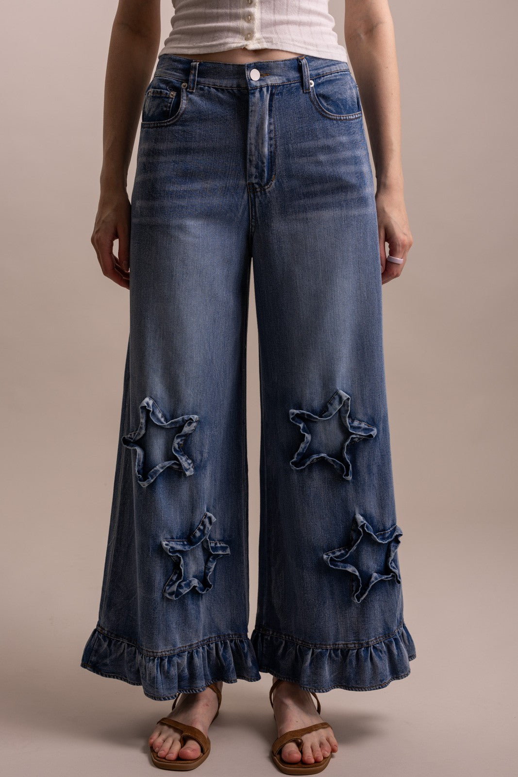 Boho Wide Leg Ruffle Hem Star Patch Denim Pants