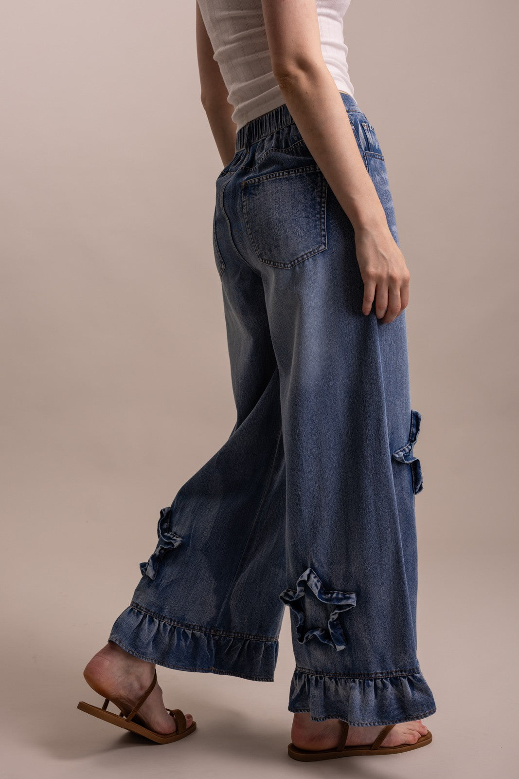 Boho Wide Leg Ruffle Hem Star Patch Denim Pants
