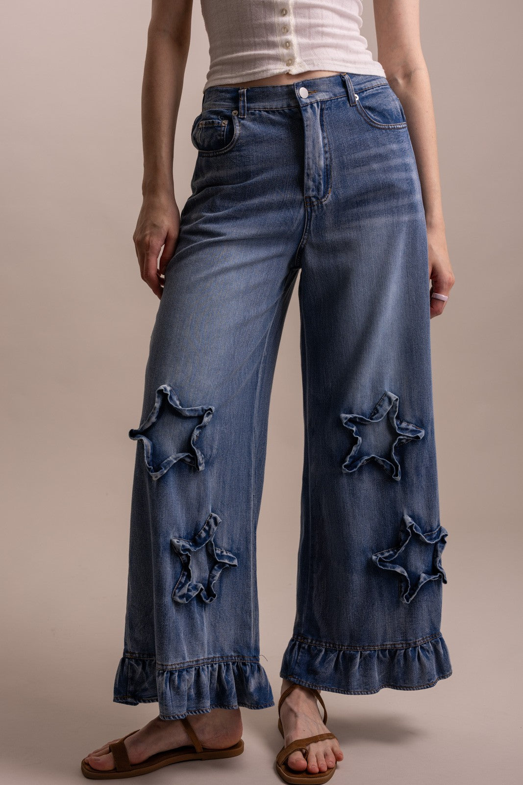 Boho Wide Leg Ruffle Hem Star Patch Denim Pants
