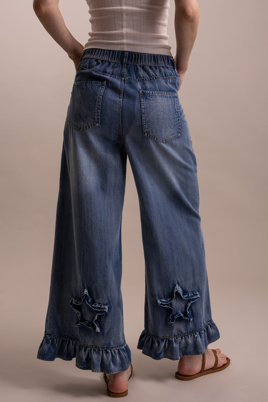 Boho Wide Leg Ruffle Hem Star Patch Denim Pants