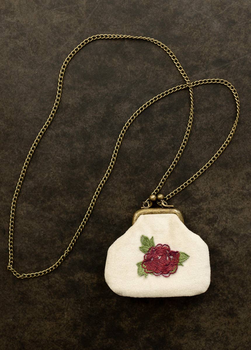 Deavaney Velvet Coin Purse in Cream | Embroidered Flower