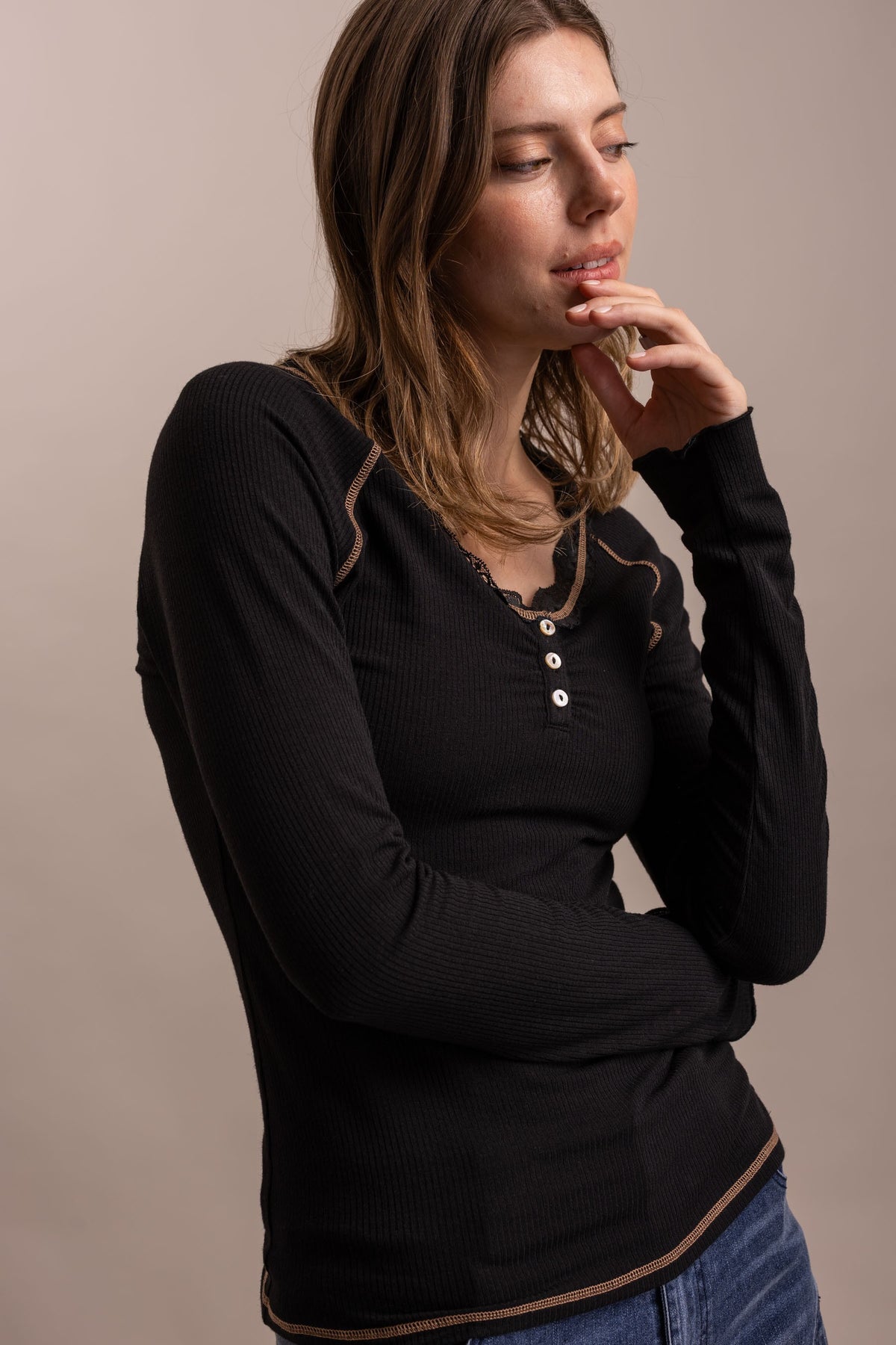 Layering Lace Trim Henley Top