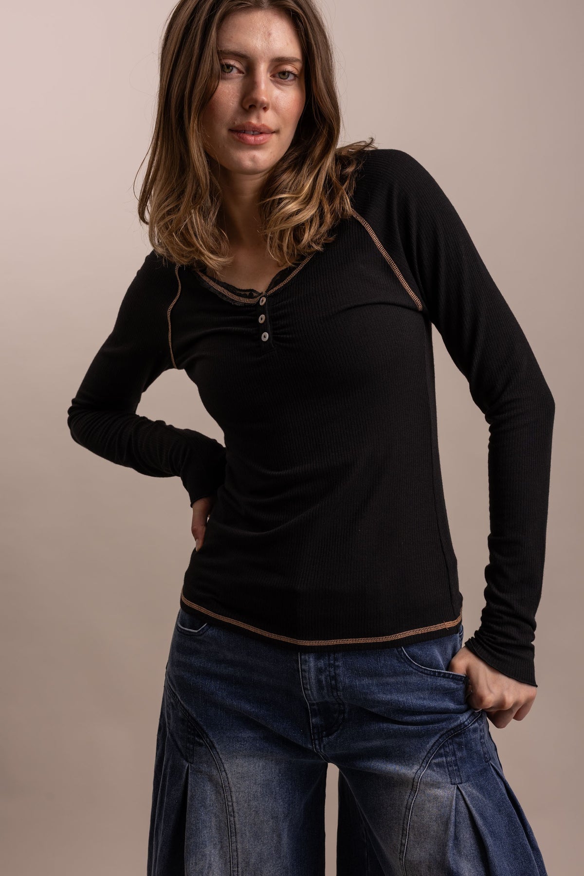 Layering Lace Trim Henley Top