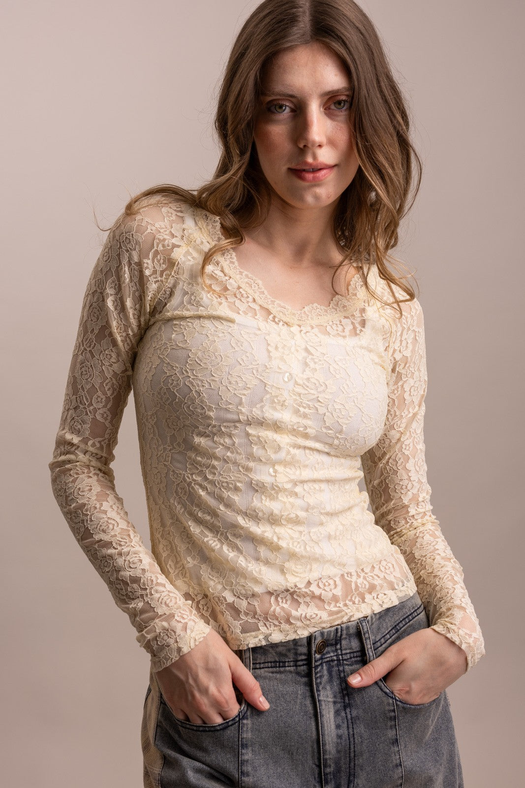 V Neck Long Sleeve Fitted Mesh Top