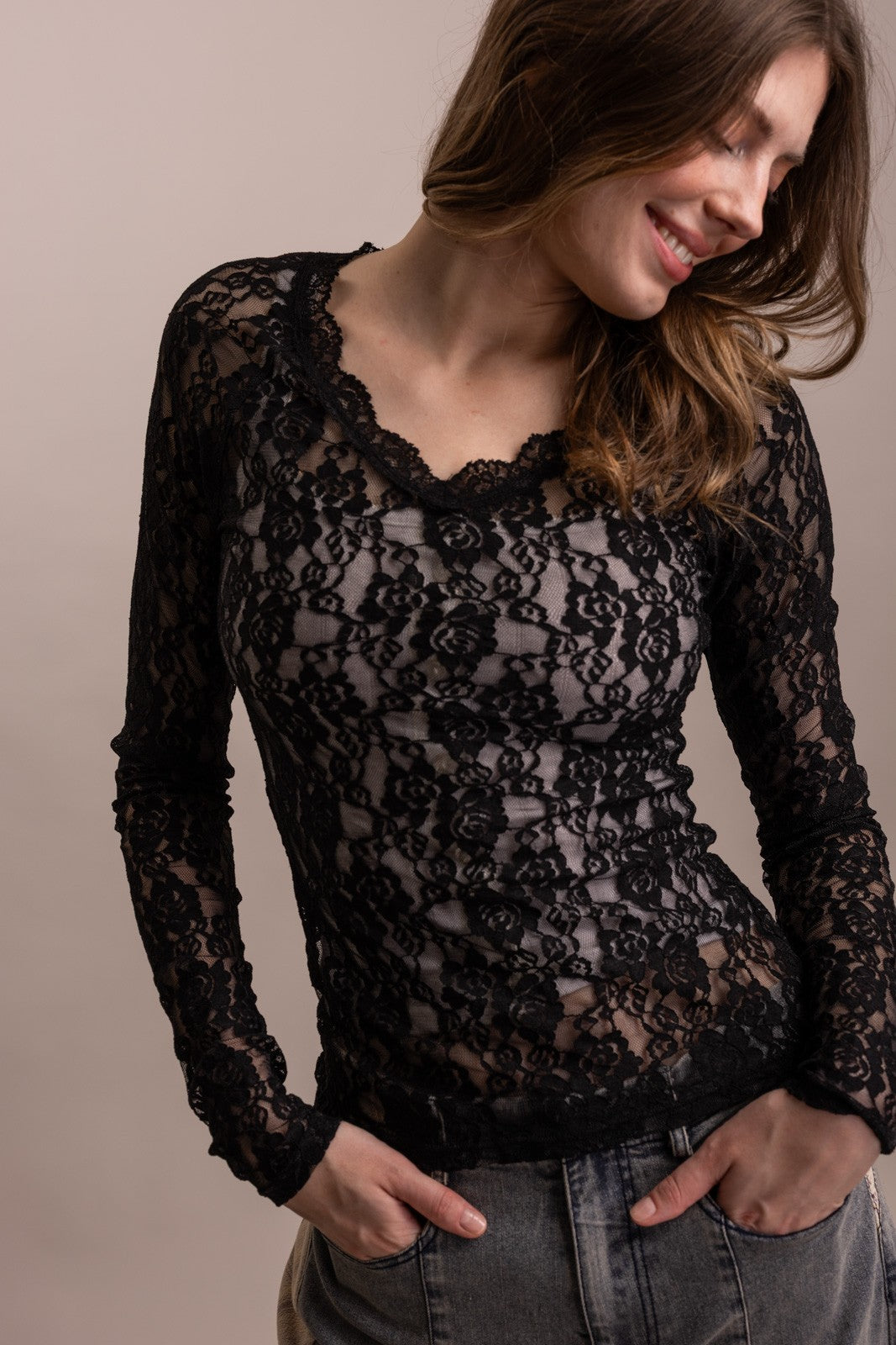 V Neck Long Sleeve Fitted Mesh Top