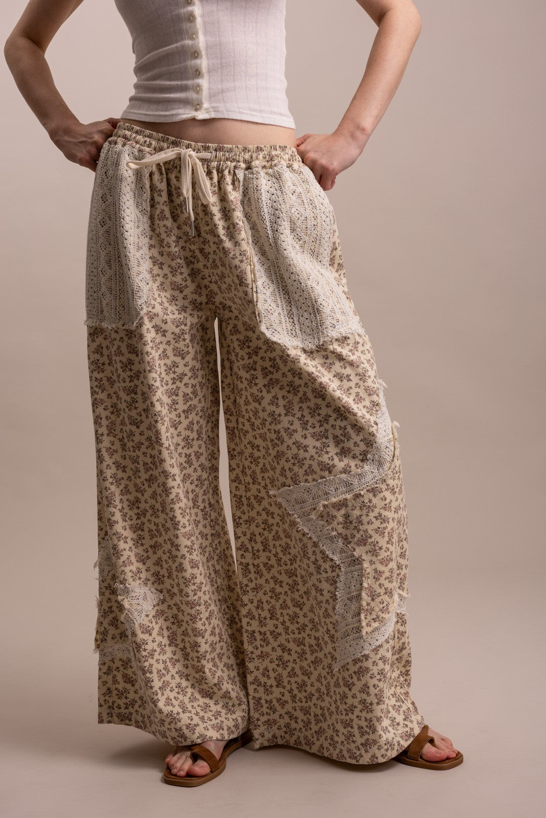 Bluevelvet - Lace Patchwork Floral Print Waist Wide Leg Pants - 926 West