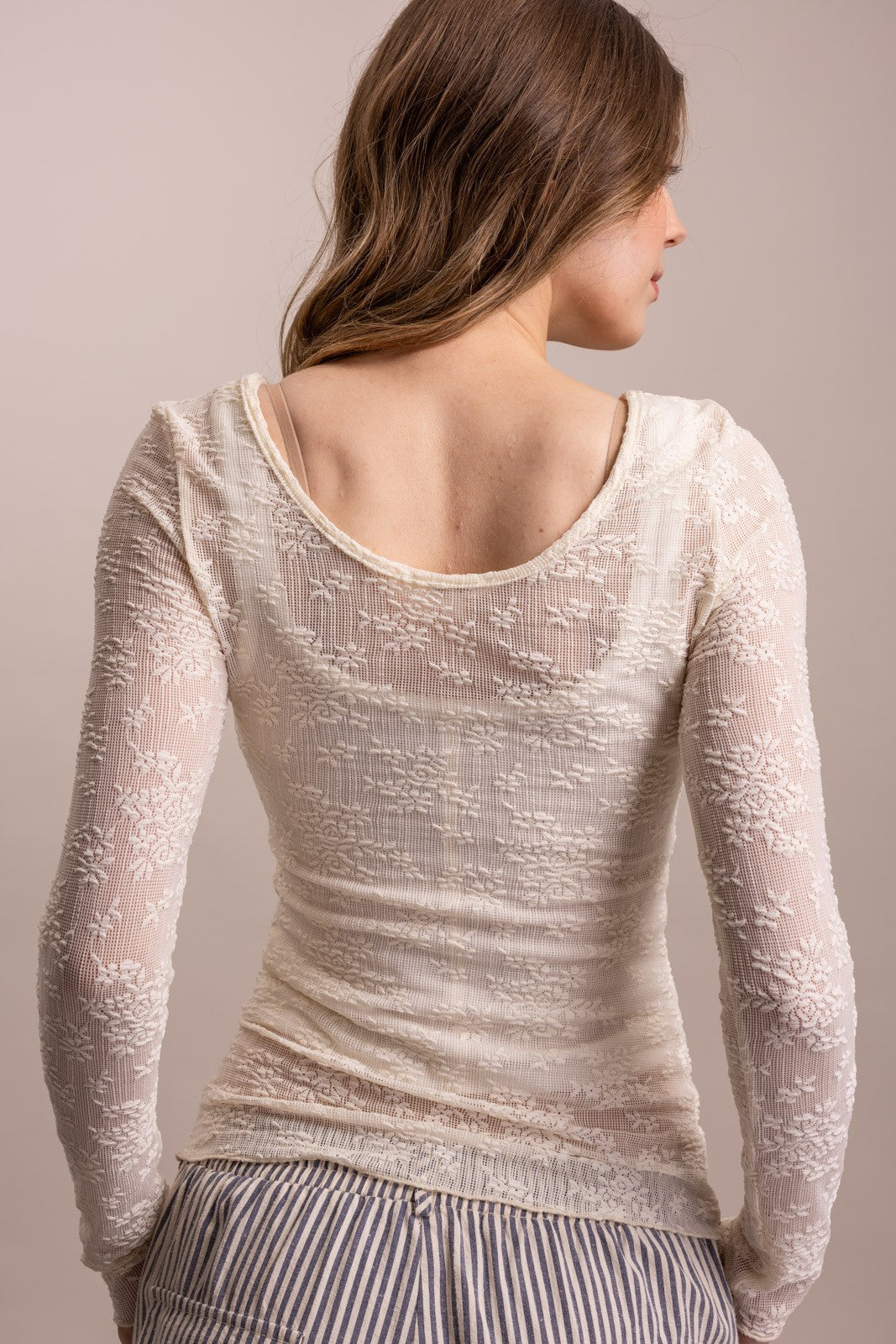 Bluevelet - Embroidered Mesh Lace Fitted Long Sleeve Top