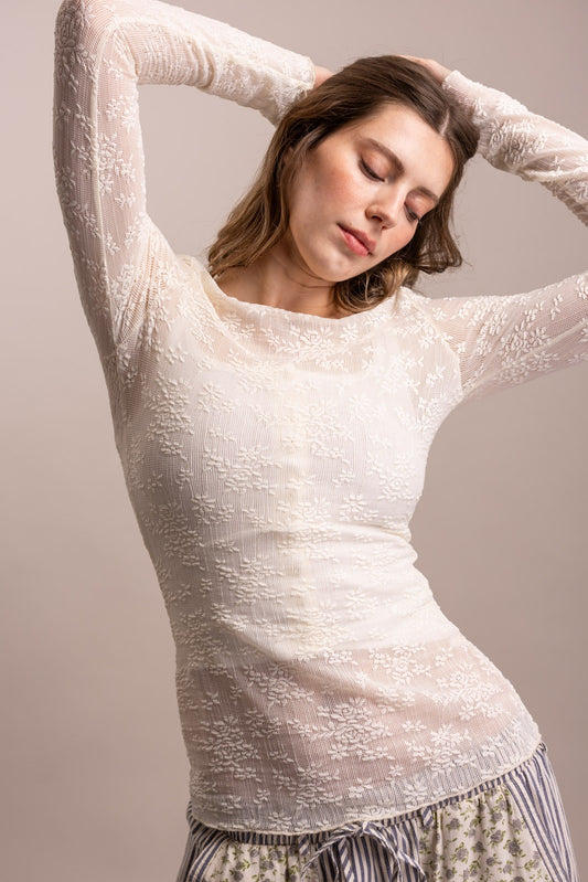 Bluevelet - Embroidered Mesh Lace Fitted Long Sleeve Top