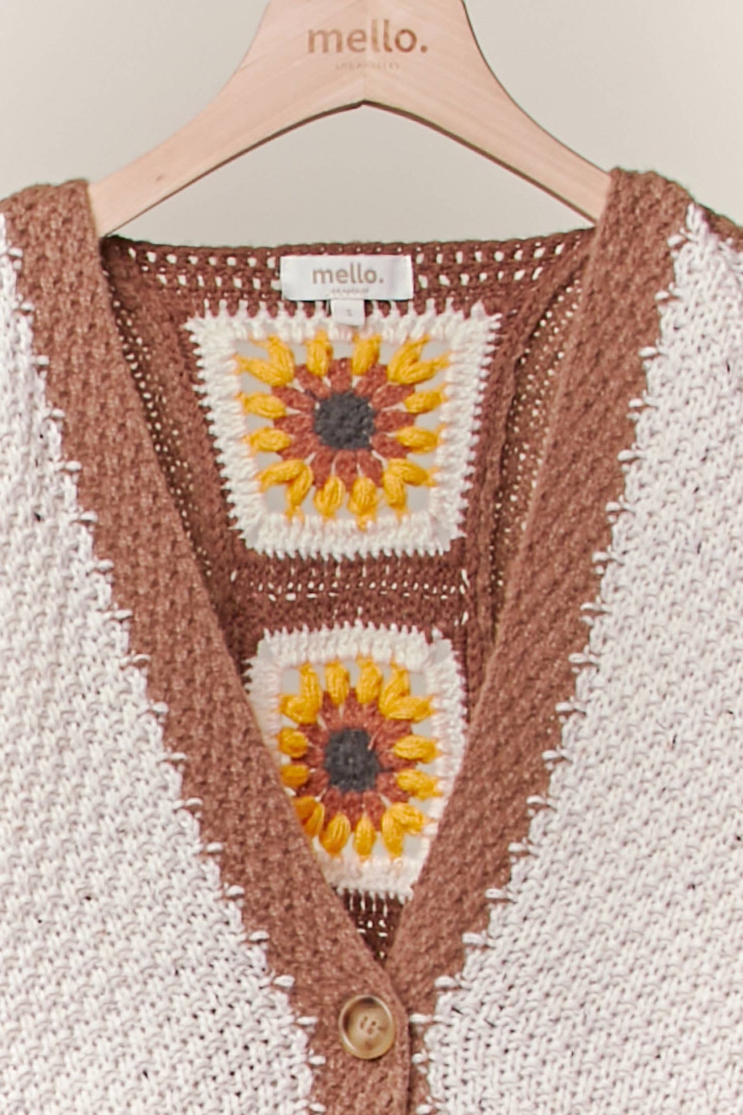 Color Block Sunflower Crochet V Neck Cardigan Mello.