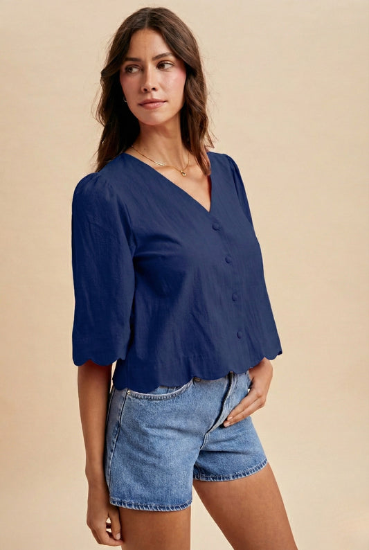 ANNIEWEAR Scallop Half Sleeve Button-Down Blouse
